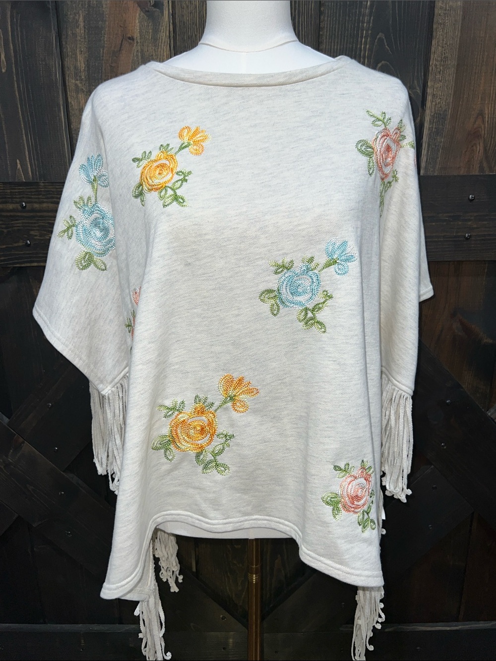 Anthro TP Cream Oversized Embroidered Fringe Poncho Sweater OS Cottagecore Boho
